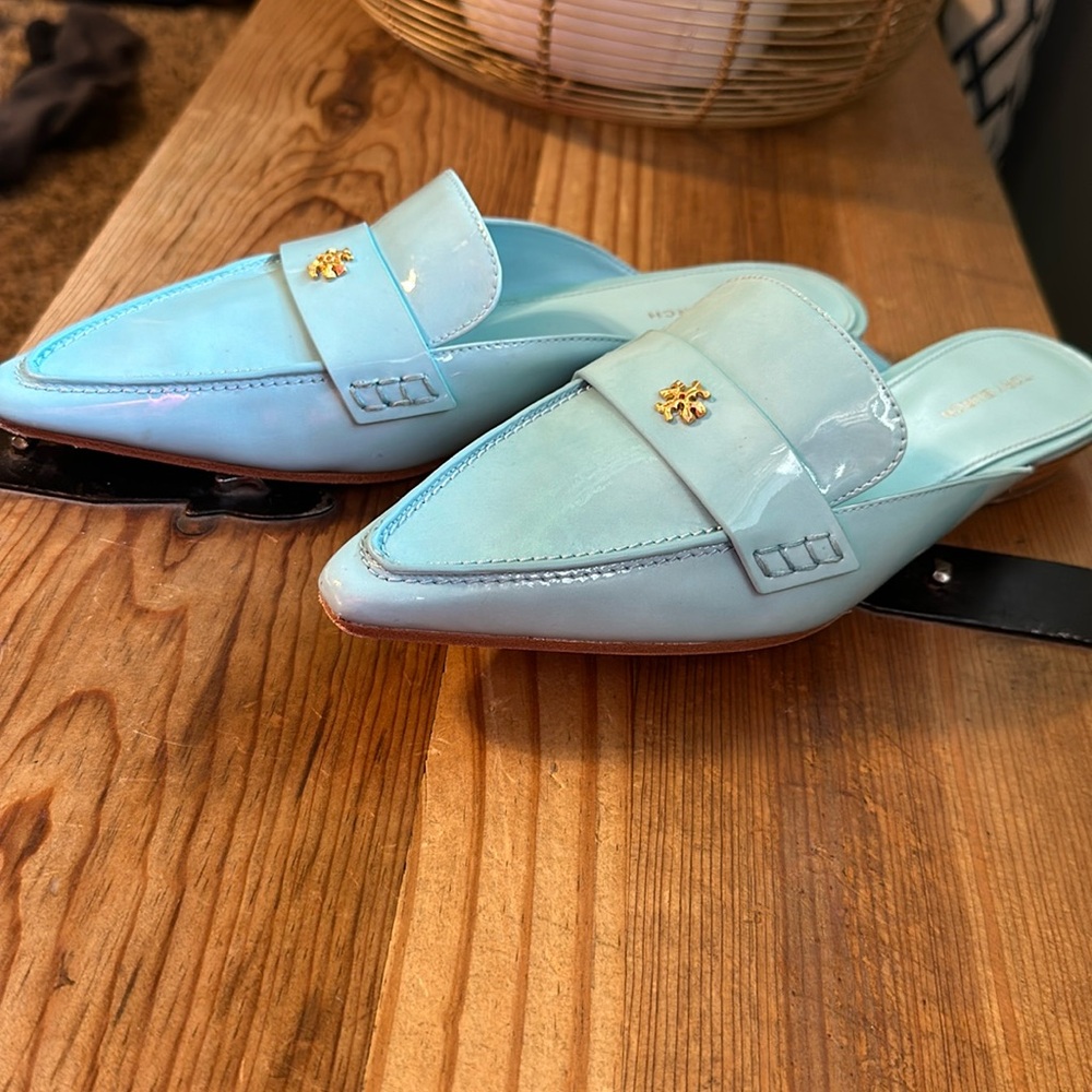 Tory Burch Light Blue Patent Leather Pointed Backless Loafers